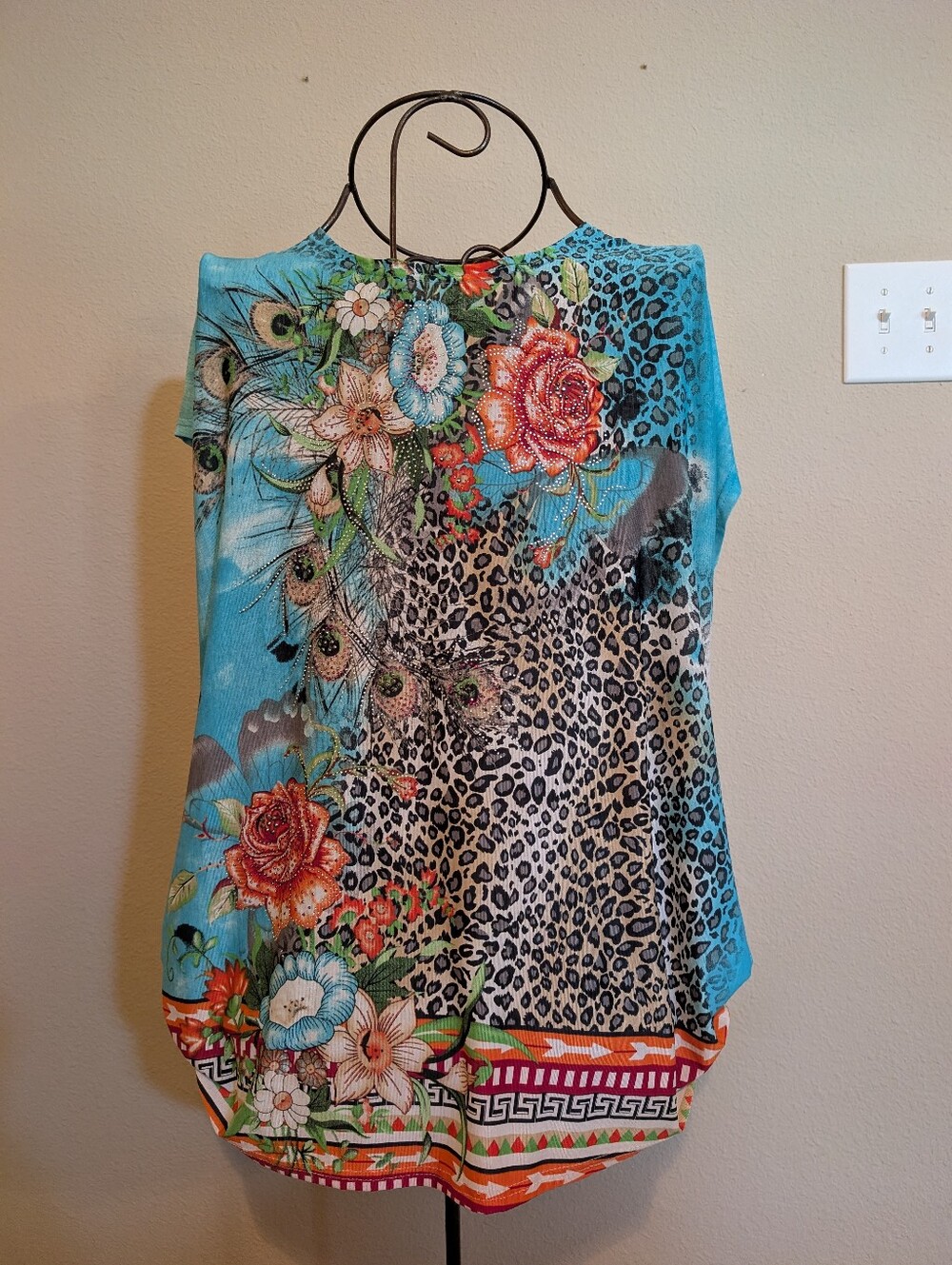 Bright Turquoise Floral & Leopard Print Women's Tunic Top with Ruched side hem